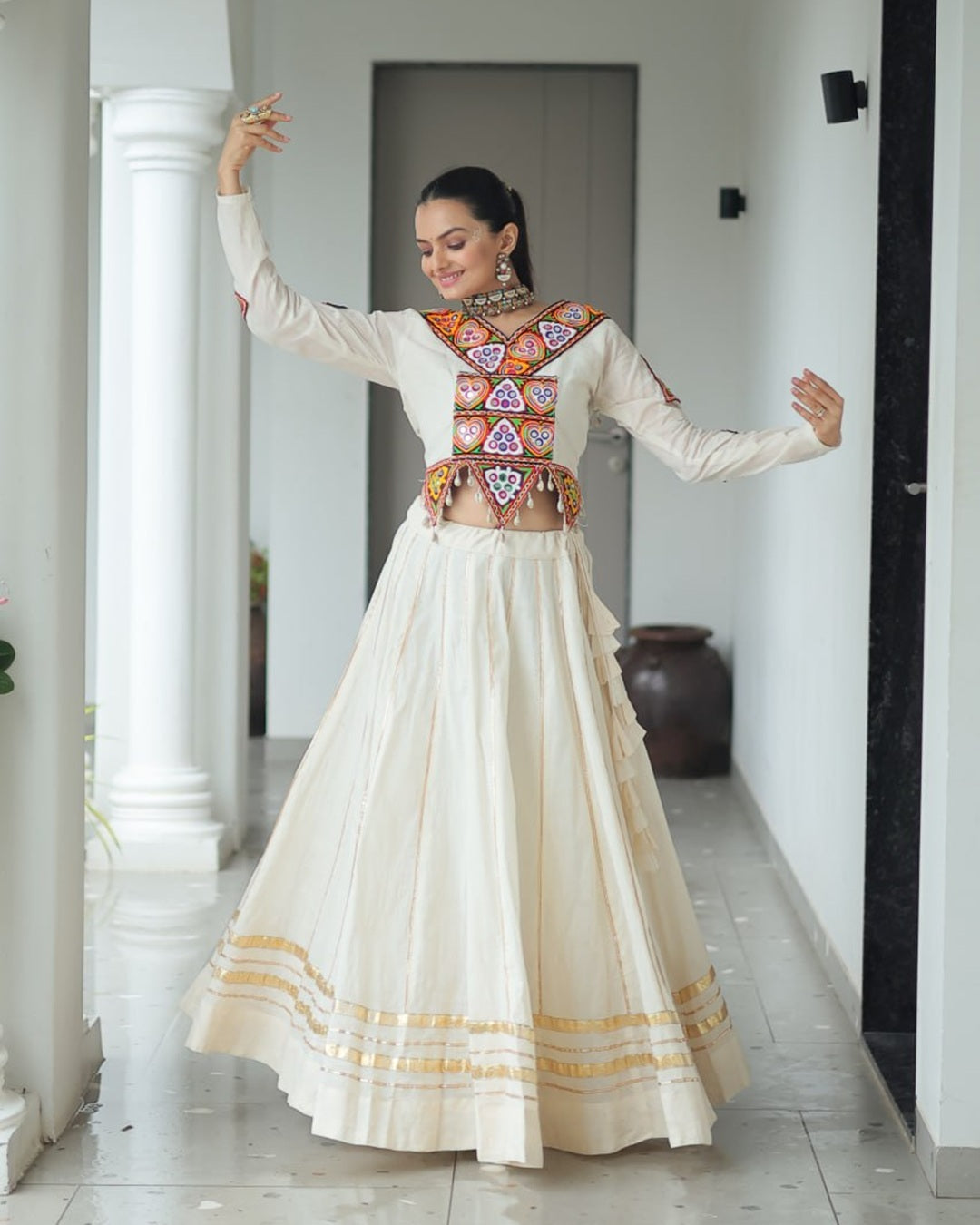 Traditional Off-White Mirror Work Lehenga Choli in Kora Cotton
