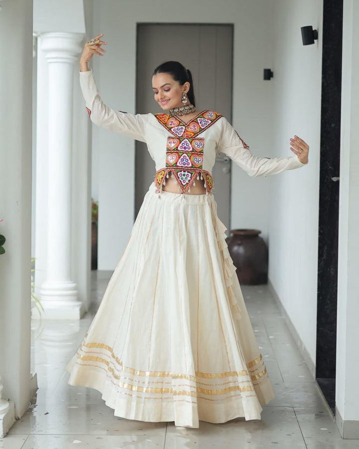 Traditional Off-White Mirror Work Lehenga Choli in Kora Cotton