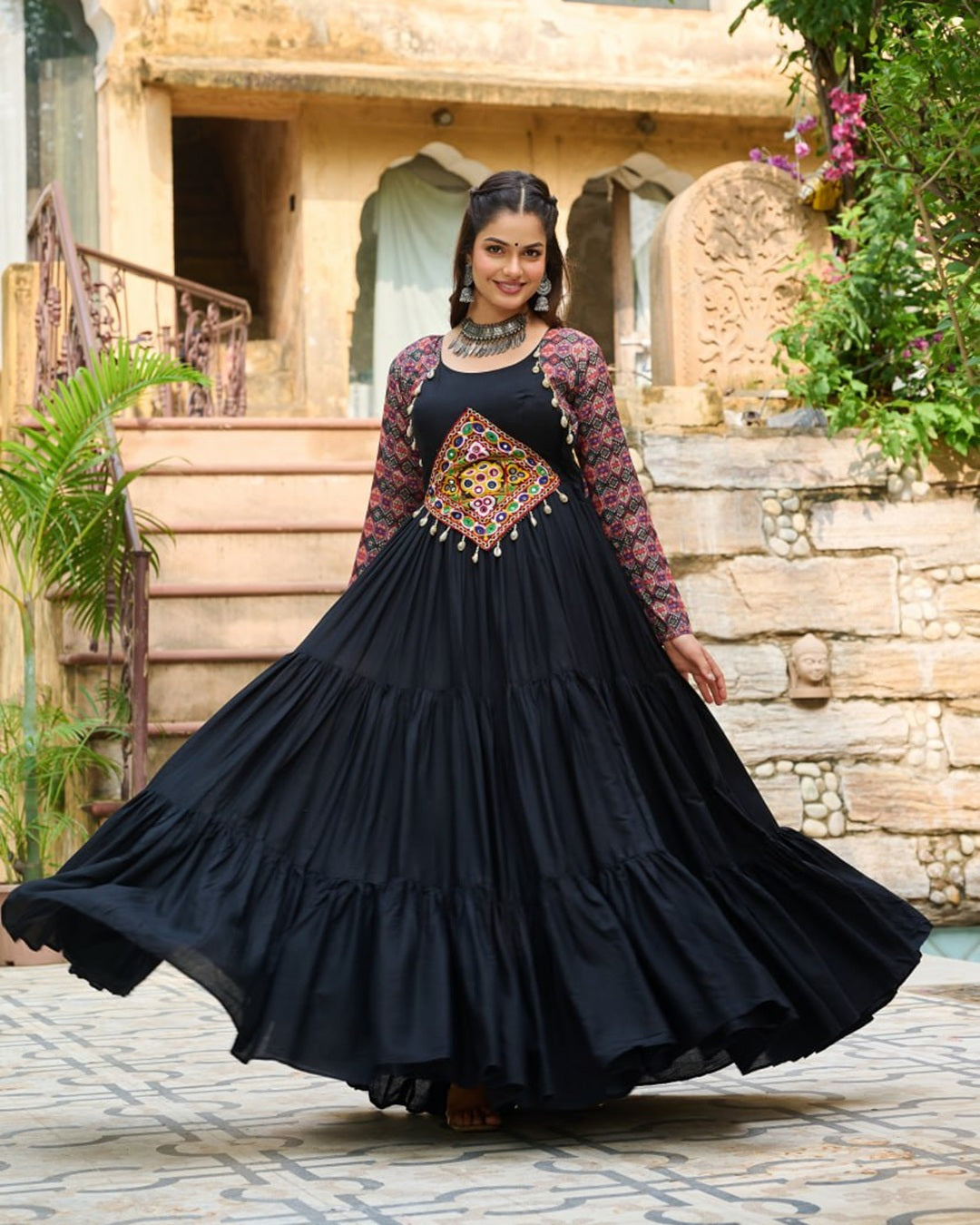 Black Festive Rayon Gown with Traditional Mirror Work