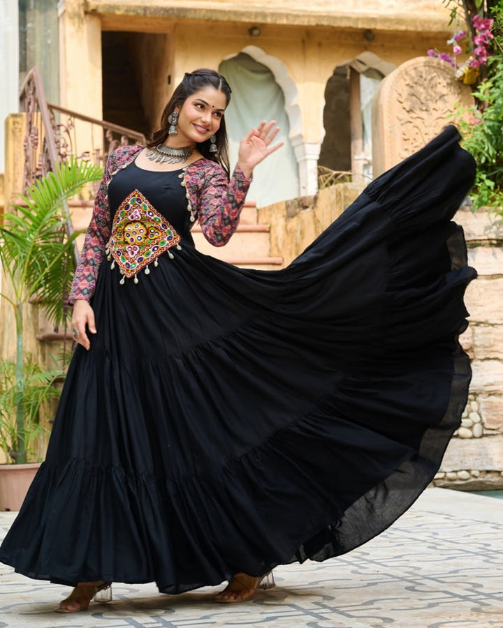 Black Festive Rayon Gown with Traditional Mirror Work