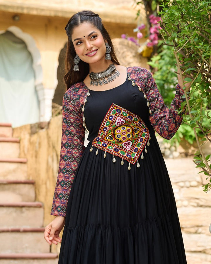 Black Festive Rayon Gown with Traditional Mirror Work