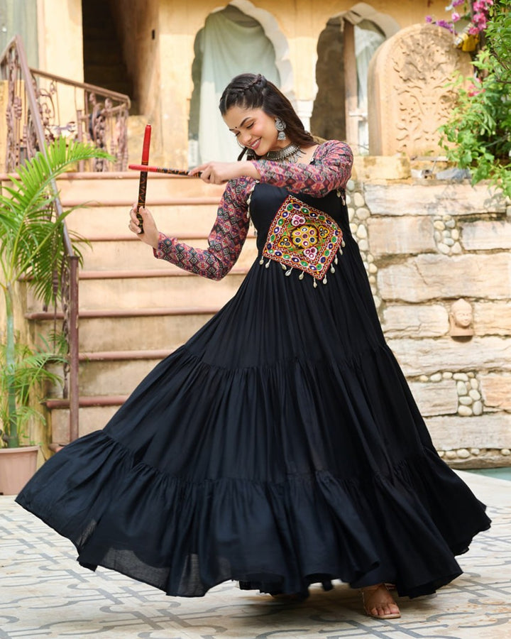 Black Festive Rayon Gown with Traditional Mirror Work
