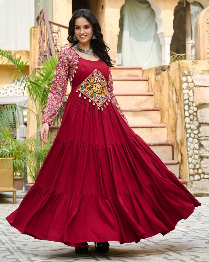 Maroon Navratri Gown with Intricate Mirror Embroidery