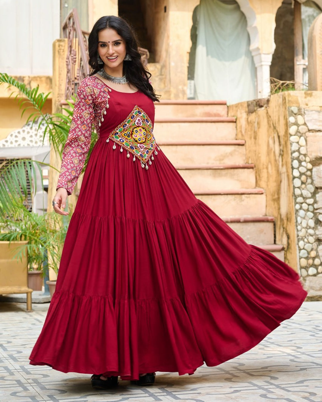 Maroon Navratri Gown with Intricate Mirror Embroidery