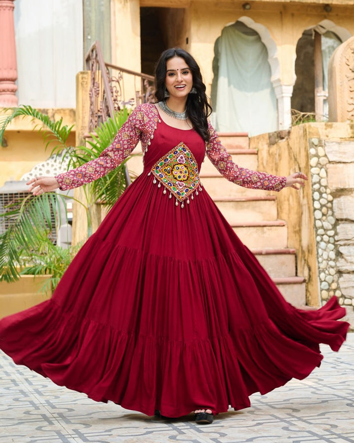 Maroon Navratri Gown with Intricate Mirror Embroidery