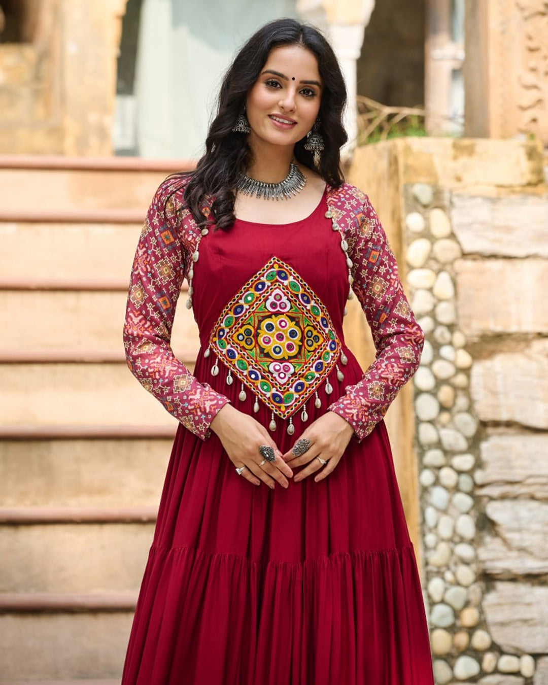 Maroon Navratri Gown with Intricate Mirror Embroidery