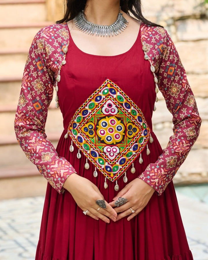 Maroon Navratri Gown with Intricate Mirror Embroidery
