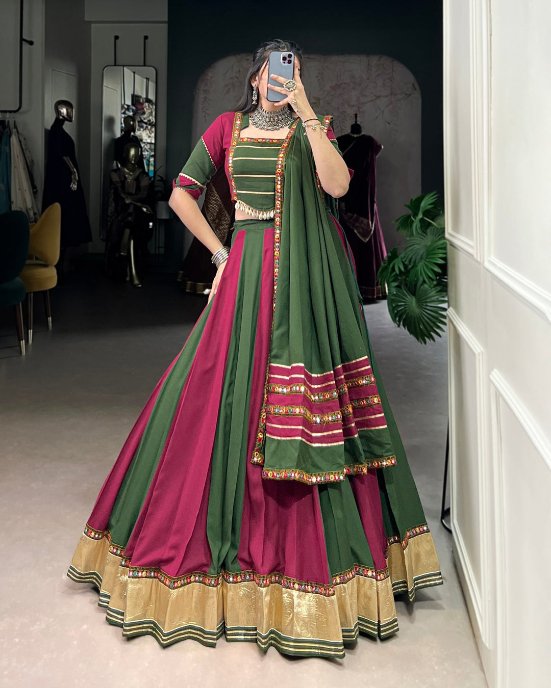 Dual Delight – Green & Magenta Navratri Lehenga