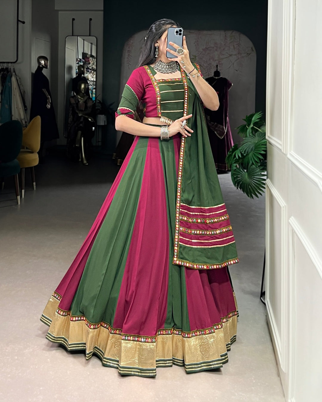 Dual Delight – Green & Magenta Navratri Lehenga