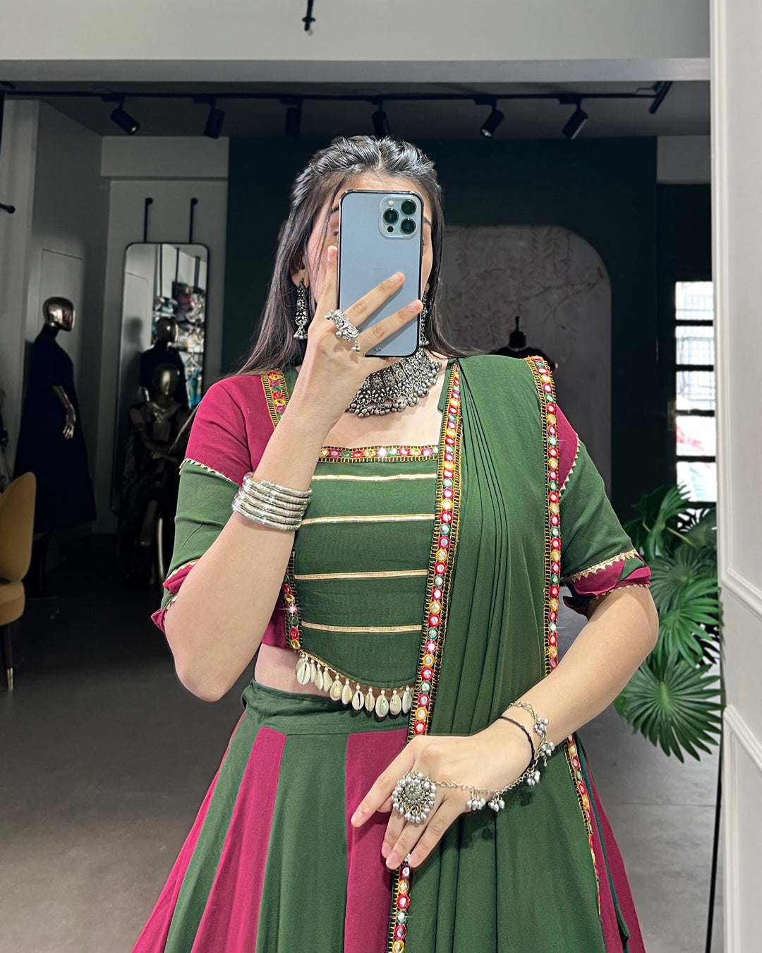 Dual Delight – Green & Magenta Navratri Lehenga