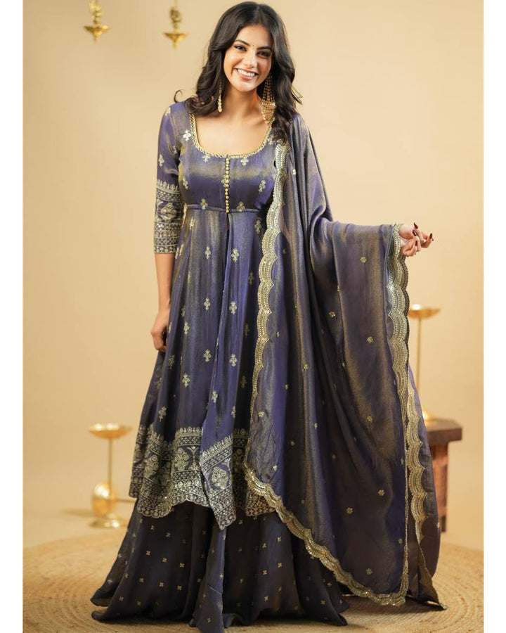 Grey Designer Anarkali Suit with Thread & Sequin Embroidery