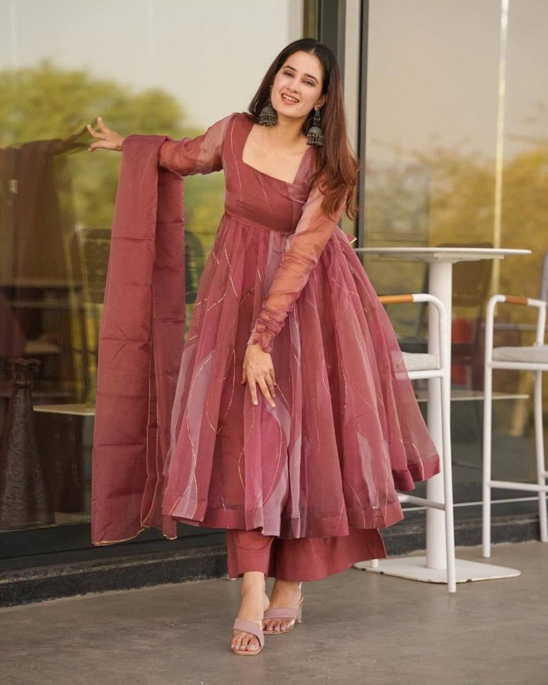Luxury Organza Anarkali Set in Salmon Pink with Lace Detailing