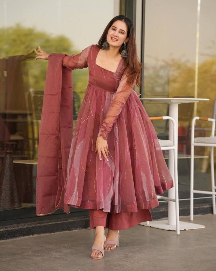 Luxury Organza Anarkali Set in Salmon Pink with Lace Detailing