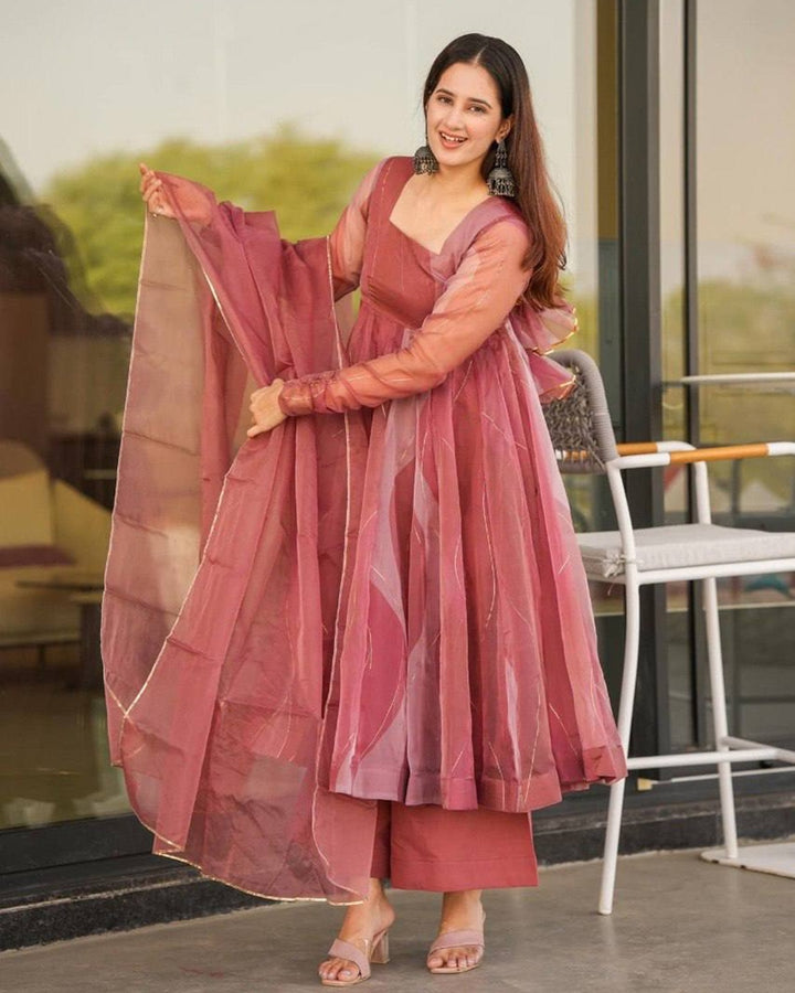 Luxury Organza Anarkali Set in Salmon Pink with Lace Detailing