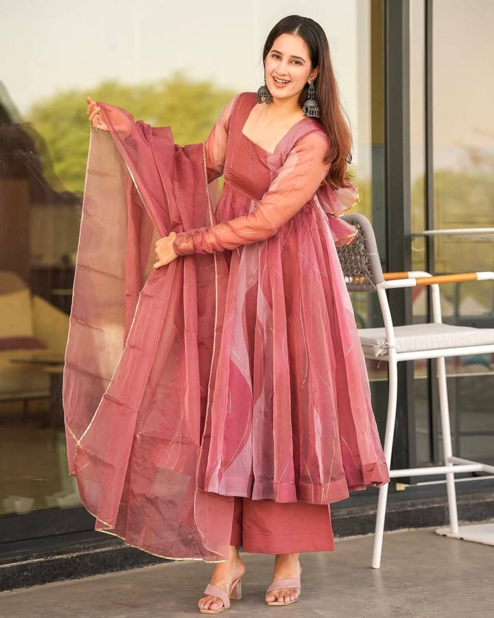 Luxury Organza Anarkali Set in Salmon Pink with Lace Detailing