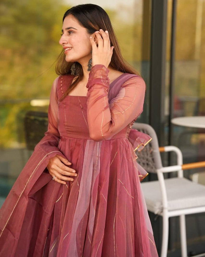 Luxury Organza Anarkali Set in Salmon Pink with Lace Detailing