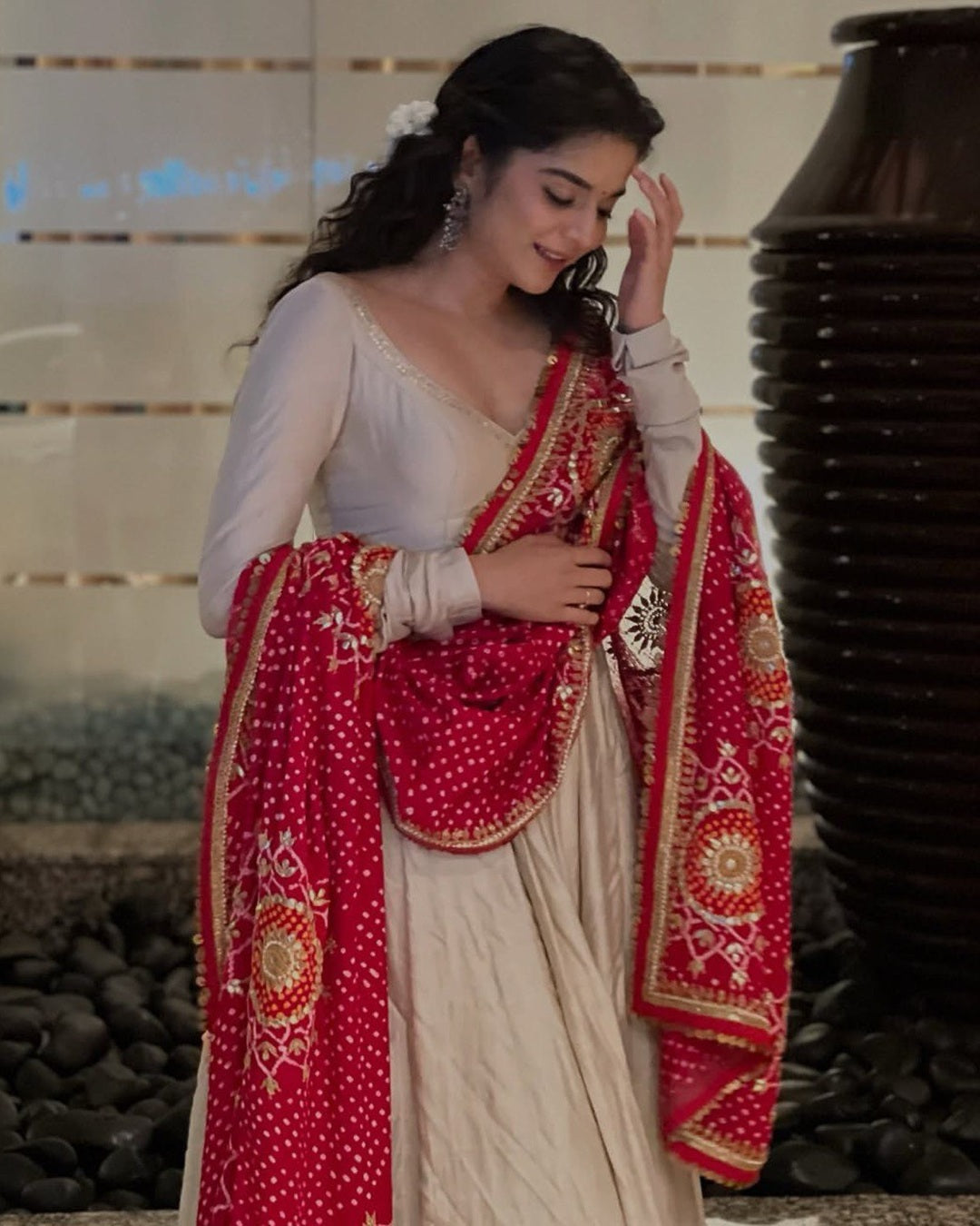 Cream Anarkali Suit with Traditional Bandhani Touch