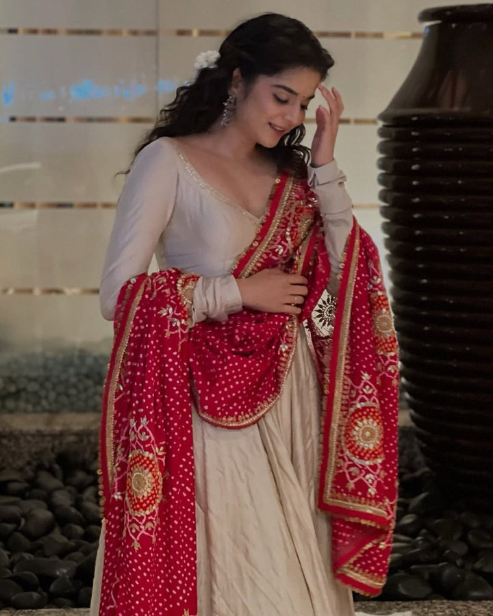 Cream Anarkali Suit with Traditional Bandhani Touch
