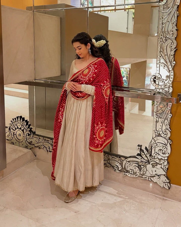 Cream Anarkali Suit with Traditional Bandhani Touch