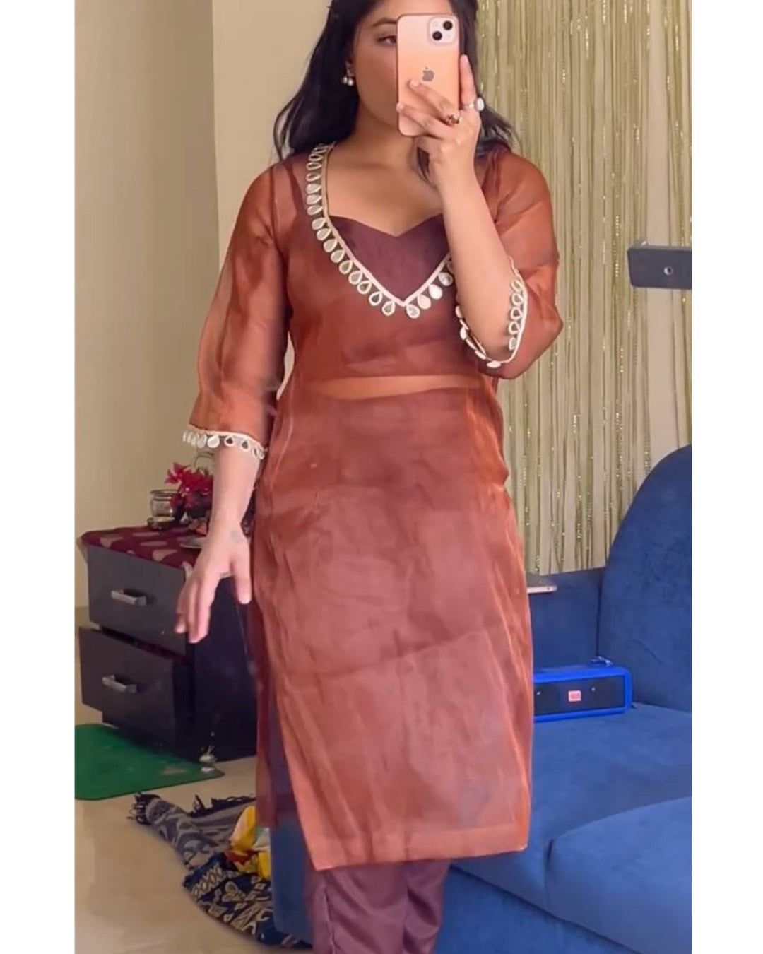 Brown Organza Co-Ord with Mirror Embroidery