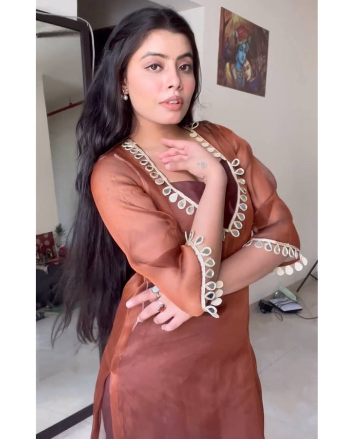 Brown Organza Co-Ord with Mirror Embroidery