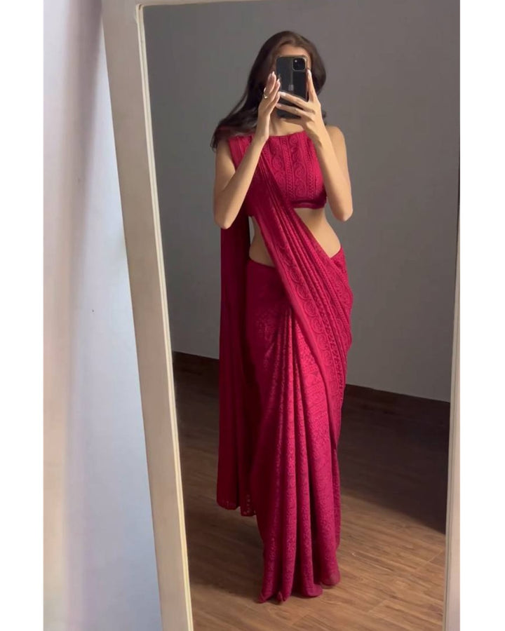 Maroon Elegance – Georgette Saree with Lucknowi Work