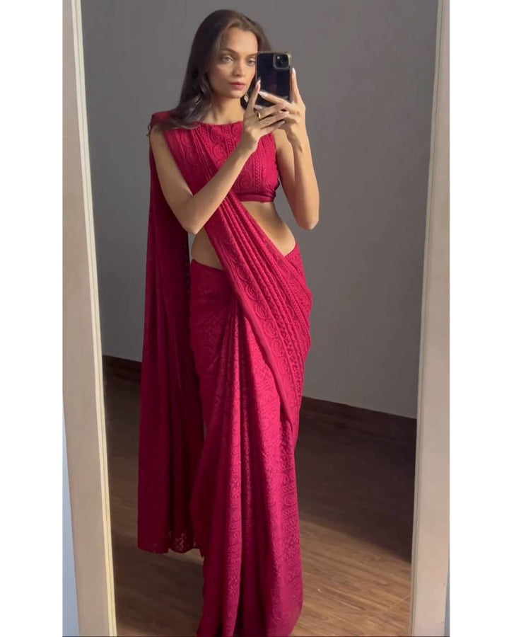 Maroon Elegance – Georgette Saree with Lucknowi Work