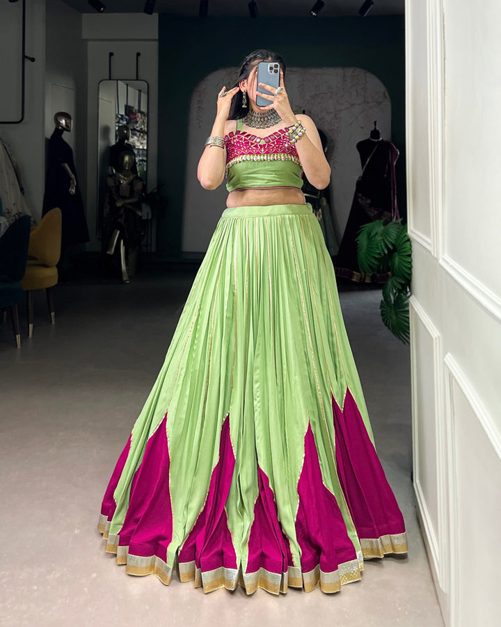 Vibrant Parrot Green & Magenta Mirror Work Lehenga Choli