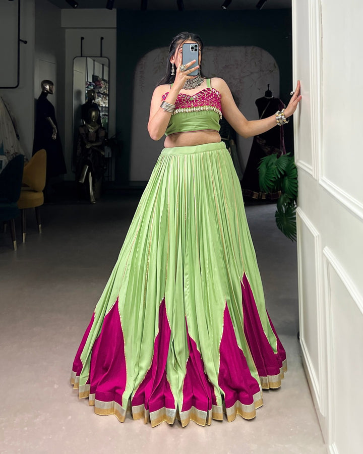 Vibrant Parrot Green & Magenta Mirror Work Lehenga Choli