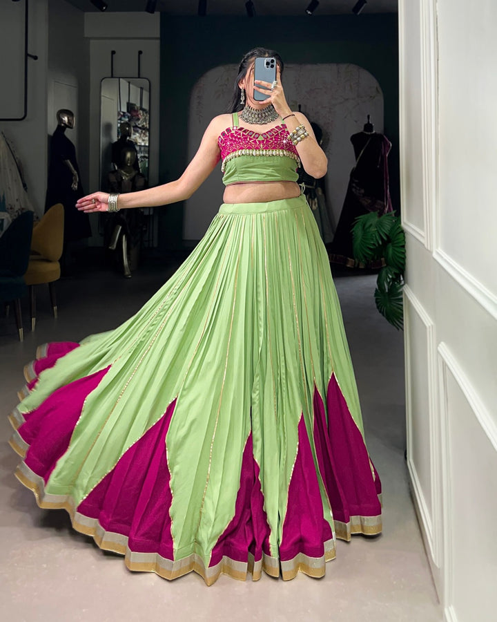 Vibrant Parrot Green & Magenta Mirror Work Lehenga Choli
