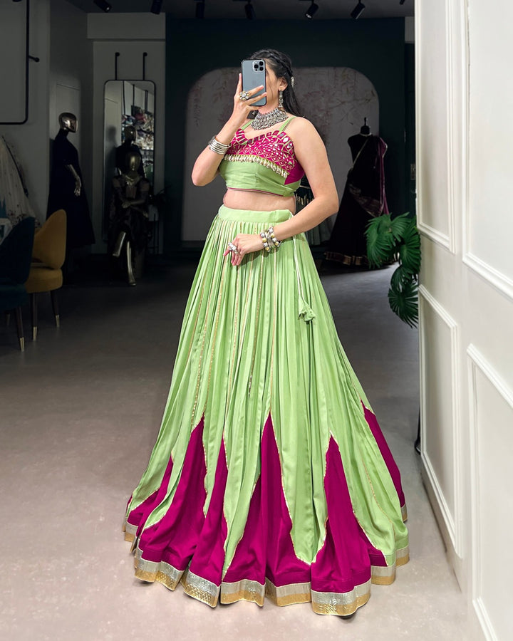 Vibrant Parrot Green & Magenta Mirror Work Lehenga Choli