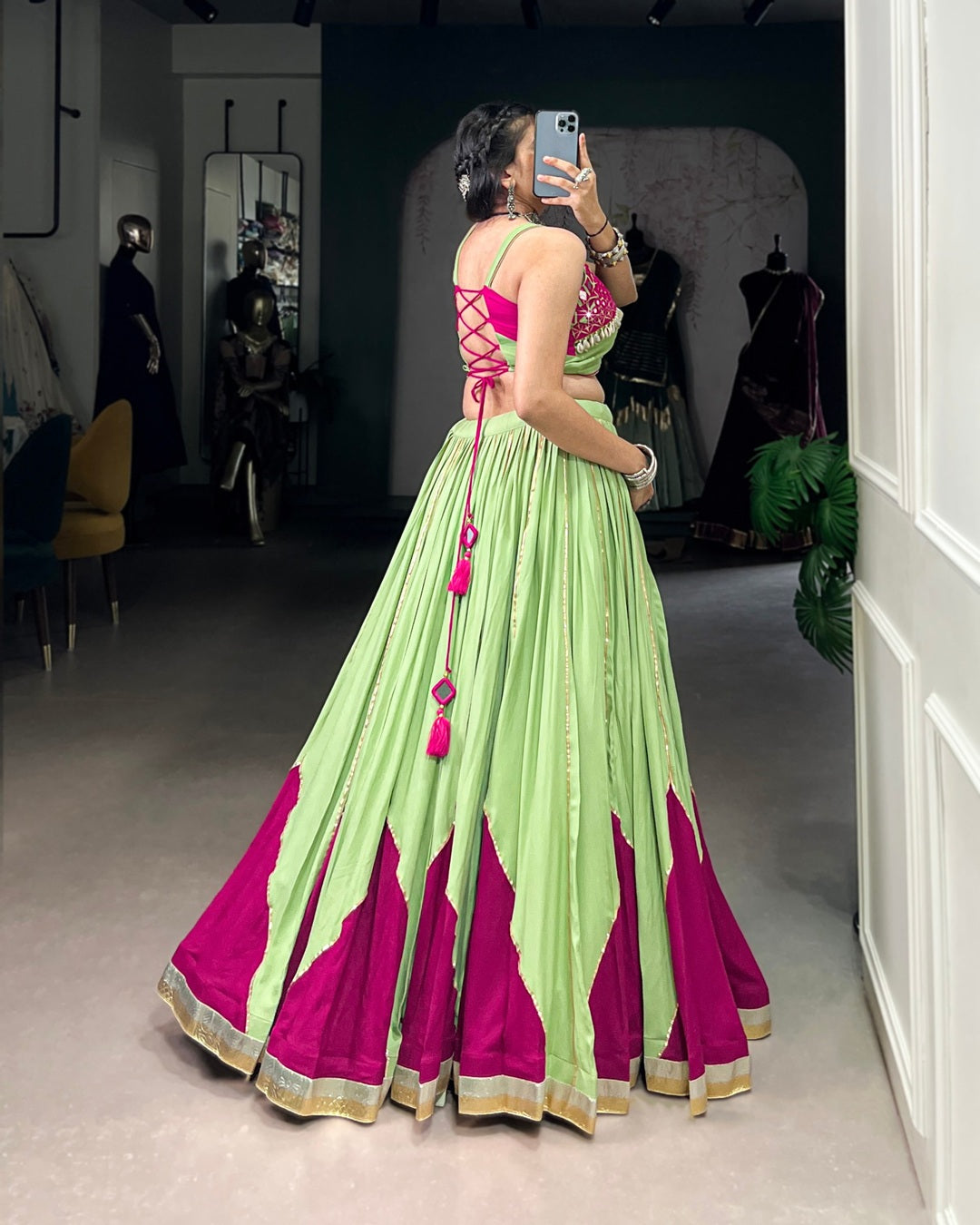 Vibrant Parrot Green & Magenta Mirror Work Lehenga Choli