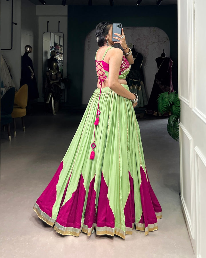 Vibrant Parrot Green & Magenta Mirror Work Lehenga Choli
