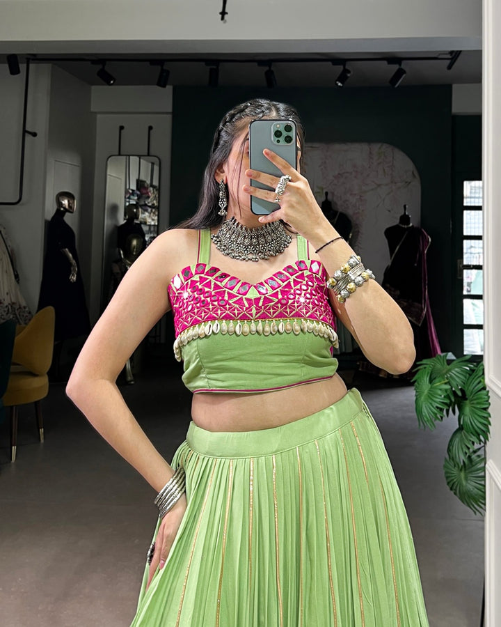 Vibrant Parrot Green & Magenta Mirror Work Lehenga Choli