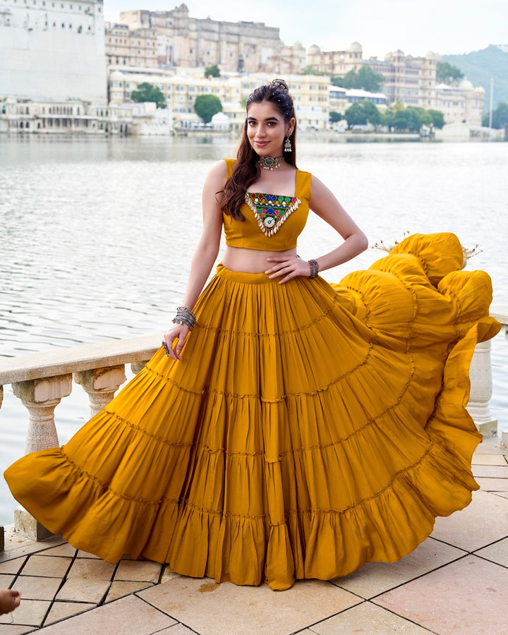 Festive Mustard Rayon Lehenga Choli for Navratri