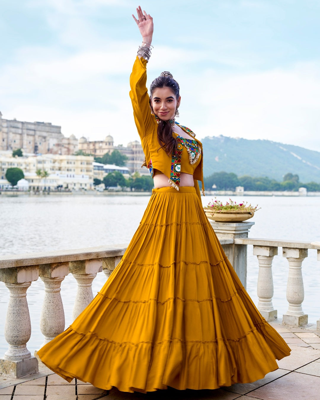 Festive Mustard Rayon Lehenga Choli for Navratri