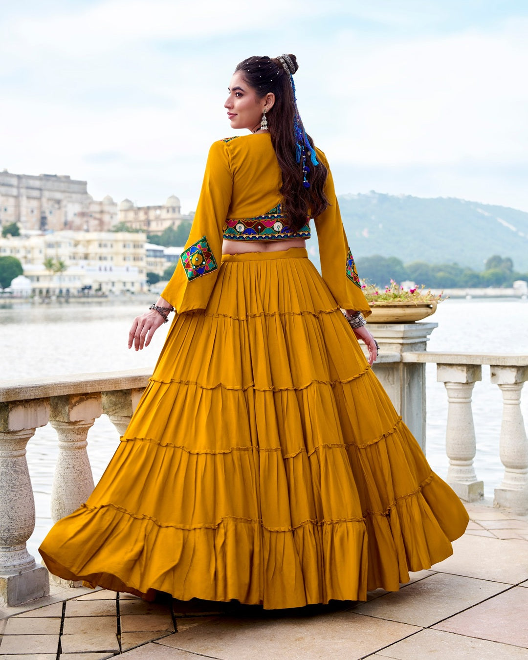 Festive Mustard Rayon Lehenga Choli for Navratri