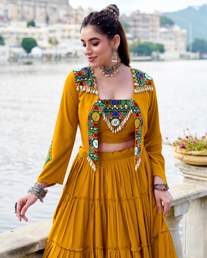 Festive Mustard Rayon Lehenga Choli for Navratri