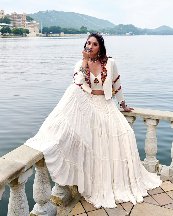 Graceful White Rayon Lehenga Choli for Navratri