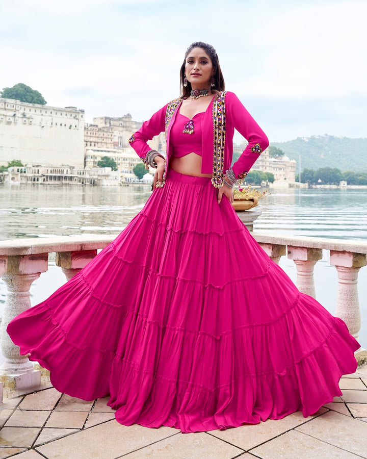 Festive Pink Rayon Lehenga Choli with Graceful Detailing