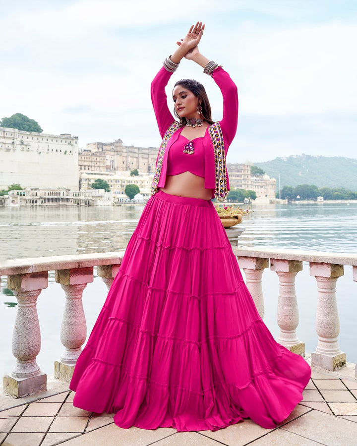 Festive Pink Rayon Lehenga Choli with Graceful Detailing