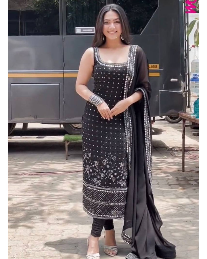 Black Anarkali Suit with Thread, Sequin & Real Mirror Detailing