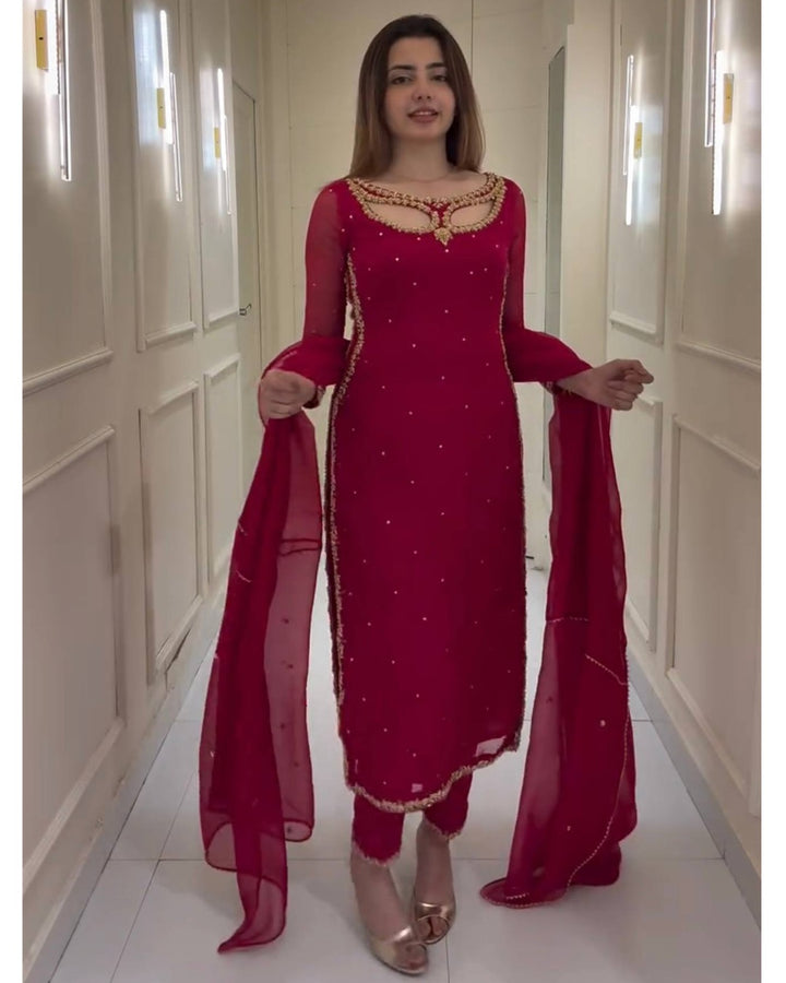 Designer Maroon Anarkali Suit with Pearl & Embroidery Work