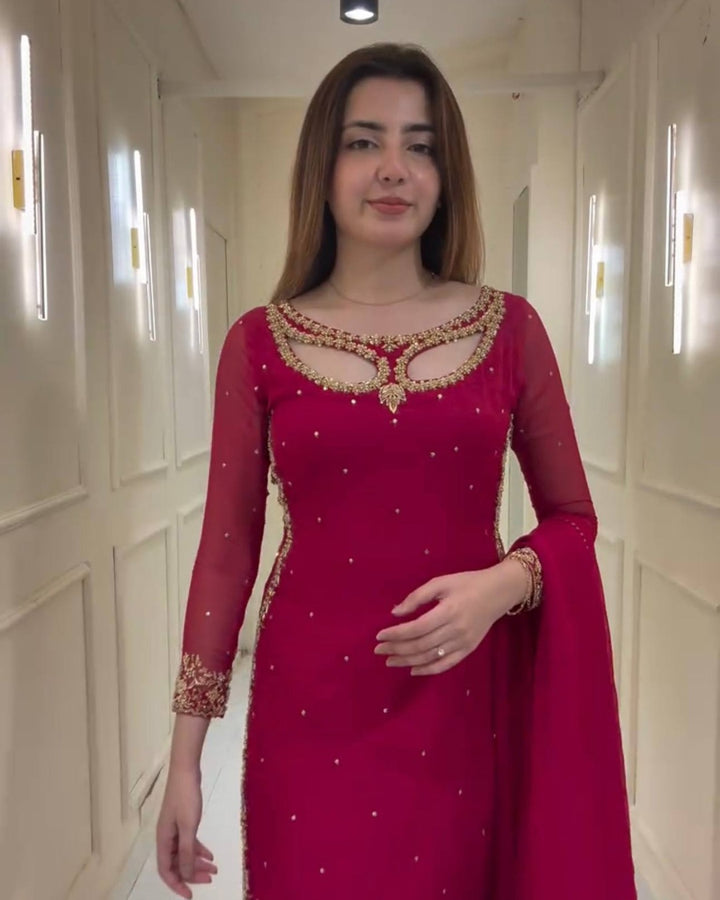 Designer Maroon Anarkali Suit with Pearl & Embroidery Work