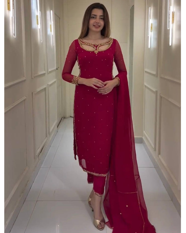 Designer Maroon Anarkali Suit with Pearl & Embroidery Work