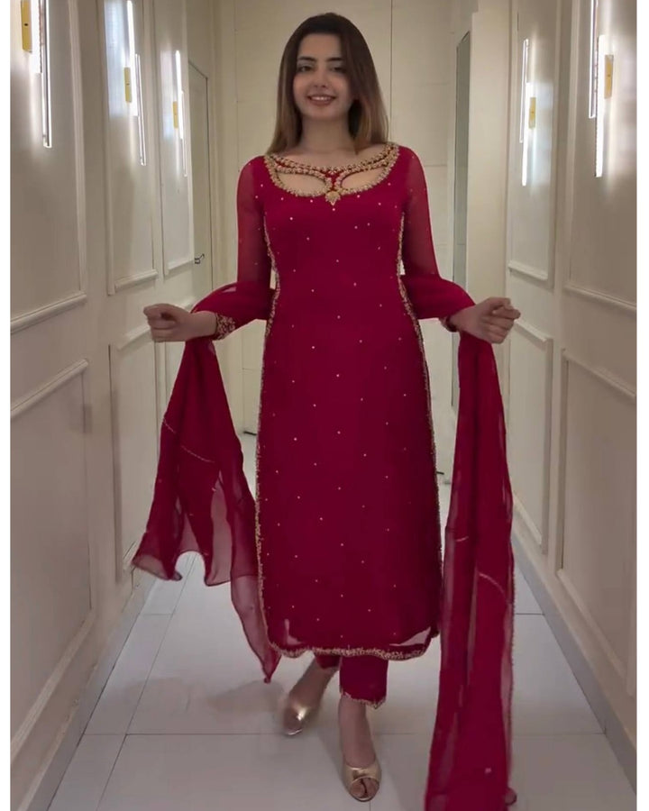 Designer Maroon Anarkali Suit with Pearl & Embroidery Work