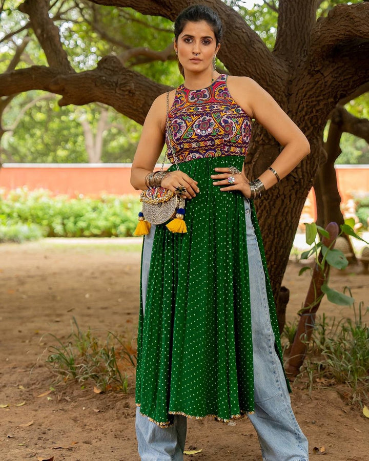 Green Georgette Kurti with Embroidered Neck & Mirror Work (Fully Stitched)