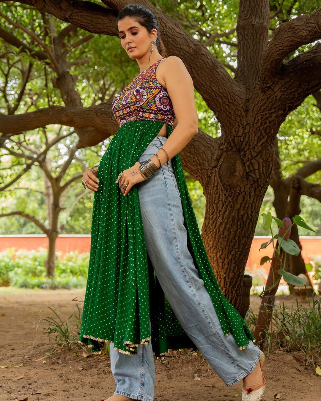 Green Georgette Kurti with Embroidered Neck & Mirror Work (Fully Stitched)