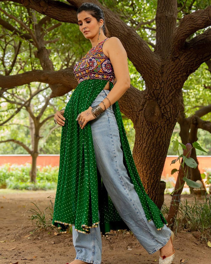 Green Georgette Kurti with Embroidered Neck & Mirror Work (Fully Stitched)
