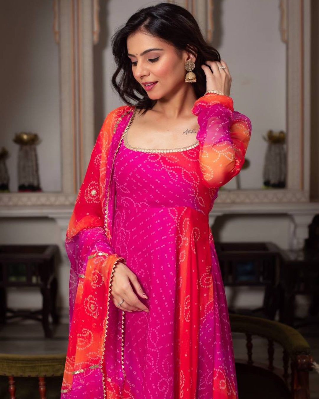 Festive Rangoli Anarkali Suit with Dupatta & Bottoms